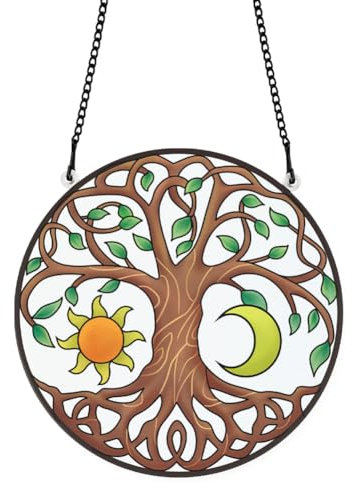 PLIGREAT Baum des Lebens gebeizt Sonnenfänger Fenster Wandbehänge Ornament Bunte Sonne Mond Kunst Bemalte Acrylglas Platte Handwerk für Gartenhaus Innen- und Außenhängedekorationen