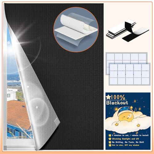 Verdunkelungsrollos weiß 300cm [100% Verdunkelung] [300 cm x 150 cm] [DIY] Tragbare Verdunkelungsvorhänge für Fenster, Starke Klettbandstreifen mit Kleber, für Schlafzimmer, Babyzimmer