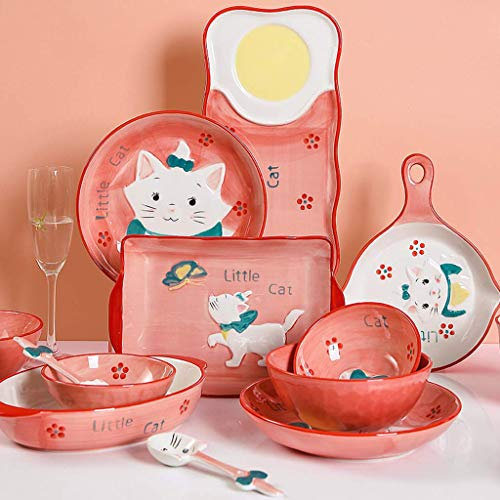 Set di stoviglie in ceramica romantica, set da tavola in porcellana da 43 / Set di piatti e ciotole con motivo gatto dei cartoni animati per riunioni di famiglia e ristoranti speciali
