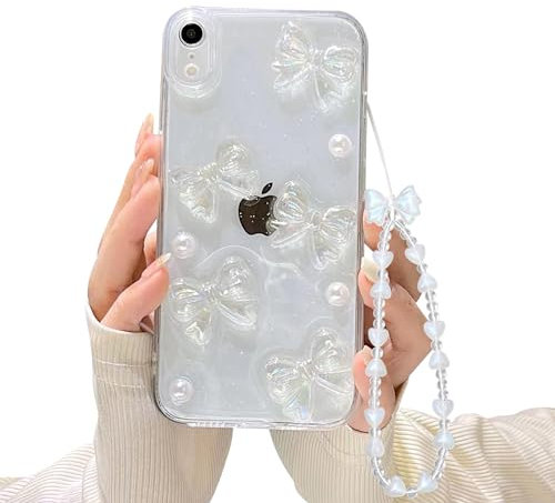 Ownest Compatible with iPhone XR Case with Clear Cute Bling 3D Bowknots Pearl Aesthetic Patterns for Women Teen Girls, Glitter Sparkle Back and Full Lens Protective Phone Case Cover + Chain