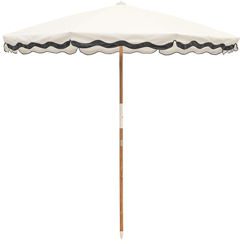 Business & Pleasure Co. Amalfi - Sombrilla de playa bohemia de 6.5 pies, UPF 50+, lona resistente a los rayos UV y al agua, poste de madera de 1.25 pulgadas para bases de sombrilla de patio, blanco