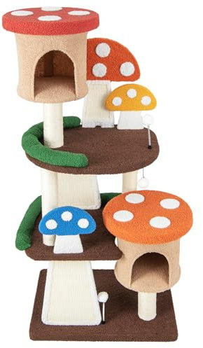 GOPLUS Árbol de Gato con Forma de Seta, Árbol Rascador con Postes de Sisal Completamente Envueltos, Tabla para Rascar y Bola de Resorte, Torre de Escalada con Condominio y Plataforma (146 cm)