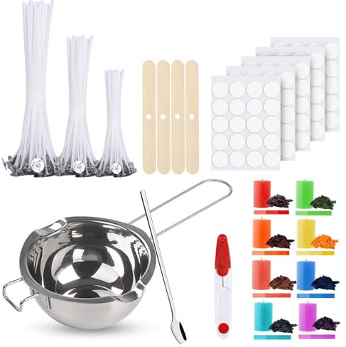 Ronoza® Kerzen Selber Machen Set, Kerzenherstellung Kit, Kerzenherstellung Topf,8 Kerzenfarbe, 480ml Schmelztopf und 100 Kerzendochte Set, 4 Dochthalter, 200 Docht Aufkleber für Kerzen gießen Set