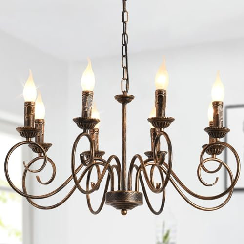 JIINOO Französische Land-Kronleuchter,Rustikaler Hänge-Kronleuchter,Bronze Vintage-höhenverstellbarer Kerze Schmiedeeiserner Kronleuchter,8 Lichter Kronleuchter Vintage für Küche Esszimmer Wohnzimmer