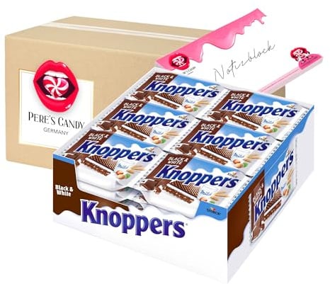 Pere's Candy Bundle für Knoppers Black & White Waffelschnitten 24er x 25g Milch- und Nougatcreme-Füllung + Pere's Candy Notepad DIN A7-25 Blatt