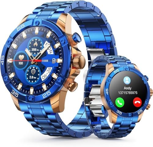 OHUGNA Men's Smartwatch with Metal/Silicone Strap, 1.53 Inch Smart Watch with Heart Rate, Sleep Monitor for Android iOS, 100+ Sports Modes, Fitness Watch, IP67 Waterproof, Bluetooth (Blau)