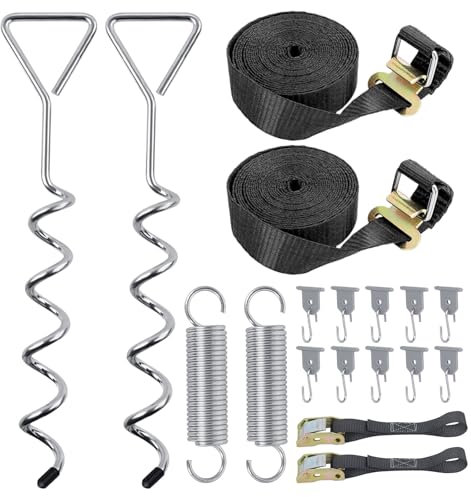 W&H Sturmband Markise Set, Sturmsicherung für Vorzelt und Zubehör, Vorzeltsets Wohnmobil mit Camping Sturmbänder, 2X Spanngurte, 2x40 cm Erdanker, 2X Feder, 1x Tasche,10x Haken