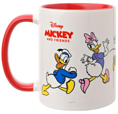 Widdop and Co. - Disney Mickey and Friends Mug - Red/White Glazed Stoneware Mickey & Minnie Mouse, Donald & Daisy Duck + Pluto Drinking Cup - Officially Licensed Disney Merchandise (325ml / 11.4oz).