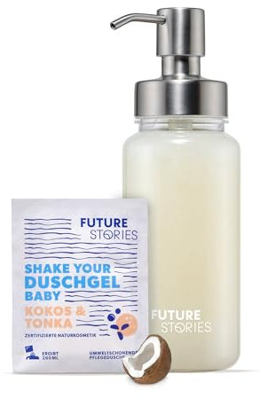 Future Stories Starter Set Duschgel-Pulver mit Pumpspender, Bio-Aloe Vera, vegan, 1er Pack (1x 20 g) Kokos und Tonka