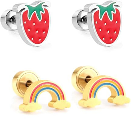 WeddHuis 2 Pares de Pendientes Dulces para Niñas, Pequeños Pendientes de Fresa para Oídos Sensibles, Pendientes con Cierre de Rosca, Flor Arcoíris, Acero Quirúrgico Pendientes Perforados para Niños