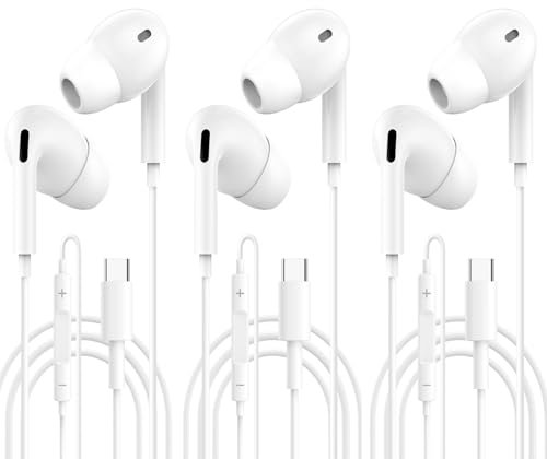 3PC USB C Kopfhörer für iPhone 16 Kopfhörer mit Kabel/Typ C Ohrhörer kabelgebunden mit Mikrofon und Lautstärkeregler, HiFi Stereo Ohrhörer für iPhones 16/15/Galaxy S24/S23/15 Plus/Google Pixel/Huawei