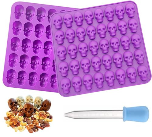 Totenkopf Silikonform, 2 Stück Halloween Silikonform, Schädel Silikonform mit 1 Dropper, Pralinen Totenkopf-Silikon für Schokolade Candy Gelee Pralinen Eiswürfel Seifen (40 Vertiefungen)