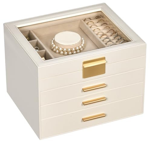 Selenvia Schmuckschatulle für Mädchen, Glasdeckel, Schmuck-Organizer-Box mit 3 Schubladen für Ohrringe, Halsketten, Ringe, Armbänder, moderner Stil, Schmuckaufbewahrung, Geburtstags- und