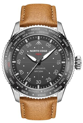 NORTH EDGE Herren Freizeituhr Herren Solar Quarz Mineralglas, Lederarmband