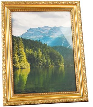 Cadre photo A4 doré pour photos, œuvres d'art ou affiches - Style baroque - Prêt à accrocher ou à poser - Crochets muraux inclus - Dos en MDF - Feuille de plexiglas incassable