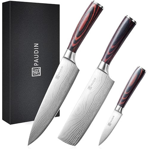 PAUDIN Kitchen Knife Set 3Pcs, Professional Chef Knife Set, High Carbon Stainless Steel Kitchen Knives, Sharp Chef Knives with 8 inche Chef Knife, 7 inch Nariki Knife and 3.5 inch Fruit Knife,Gift Box