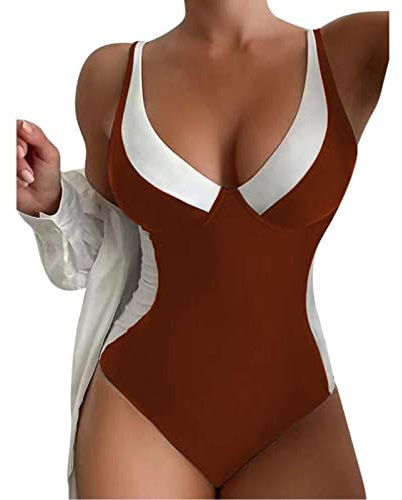 Sunfashion Badeanzug Damen Badehosen Tankinis Set String Bikini Badeanzug 46 F EIN Stück Normale Badeanzüge Hohe Taille Schwarz Bloc Blau Real Blue Poor Pool Schwimmshirts Damen Lang (Coffee-C, XXL