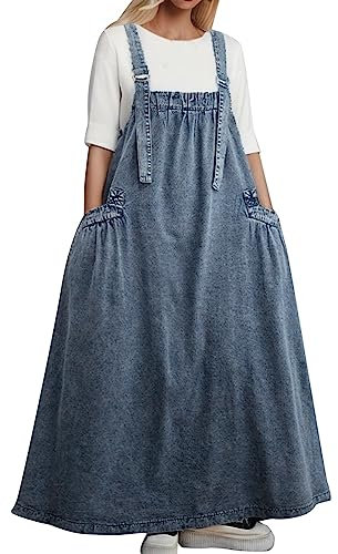 Vhersily Salopette da Donna Vintage Classica con Bretelle, Maxi gonne in Denim Lavato Gonna Lunga Bretelle Denim Allentato retrò Abito Lungo Plissettato