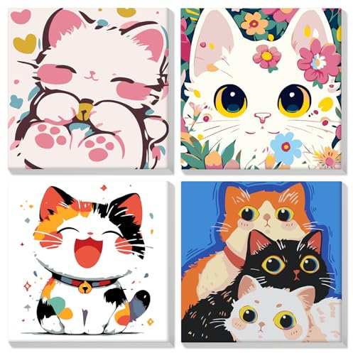 EOBROMD 4 Pack Peinture par Numero pour Adulte Enfant Chat, Kit de Peinture à l'huile sur Toile Bricolage Animaux Mignons avec Cadre, DIY Peinture Acrylique pour Décoration de la Maison 20x20 cm
