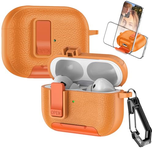 Fofvccv for AirPods Pro 2nd / 1st Leather Case with Secure Lock Clip, Support Wireless Charge, Stand and Charging Port Dustproof Design with Carabiner for AirPods Pro 2, PWJ Orange
