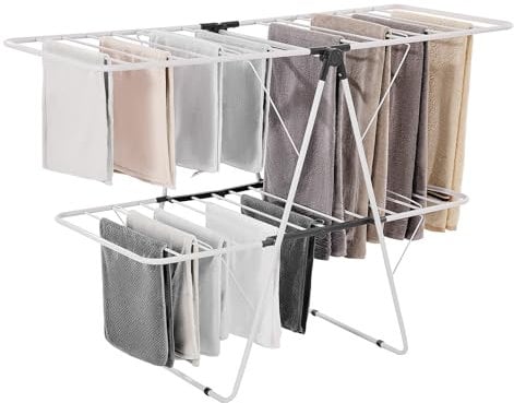 VEVOR Étendoir à Linge Pliable, Séchoir à Linge sur Pied à 2 Niveaux, avec Pinces à Chaussettes et 31 Barres de Séchage, en Métal, Stable, Réglable en Hauteur, pour Extérieur et Intérieur, Blanc