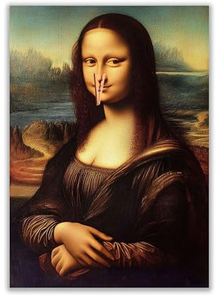 WBdesignz Lustiges Poster – Mona Lisa mit Wäscheklammer auf der Nase – Satirisches Kunstbild als humorvolle Wanddeko für Gäste-WC, Toilette oder Badezimmer (DIN A4) – ohne Rahmen