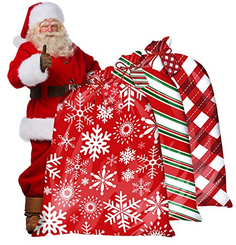 SULOLI 3 Stück Weihnachtssack groß,XXL Weihnachtssack,Geschenkbeutel Weihnachten mit Karten 92cmx112cm(Rot)