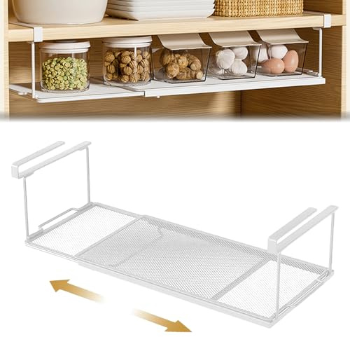 Unterregal Hängekorb Unterschrankregal Metall Aufbewahrungskörbe Drahtkorb | 38-70cm Verstellbares Küchenschrank Unterschrank Organizer Hängekörbe Hängekorb Küche Regal zum Einhängen Hängeregal (Weiß)