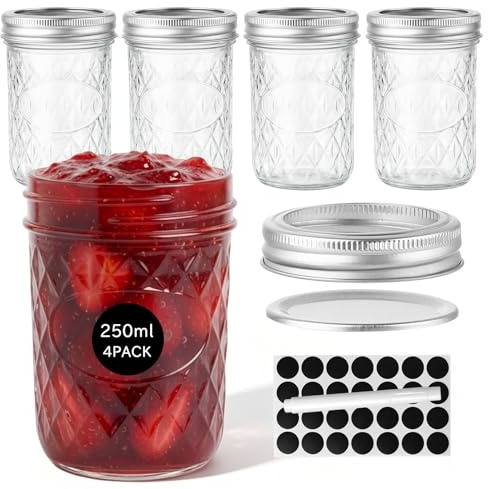 WERTIOO 4 Stück Einmachgläser mit Deckel 250ml Marmeladengläser, Mason Jar