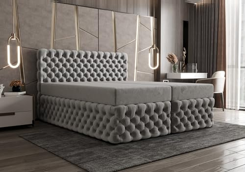 B&B HOME Boxspringbett Figo II, Doppelbett 180x200 cm, Samt-Polsterung, Chesterfield-Steppung, Holzrahmen, inkl. Topper, Bettkasten mit Federautomatik (Riviera91)