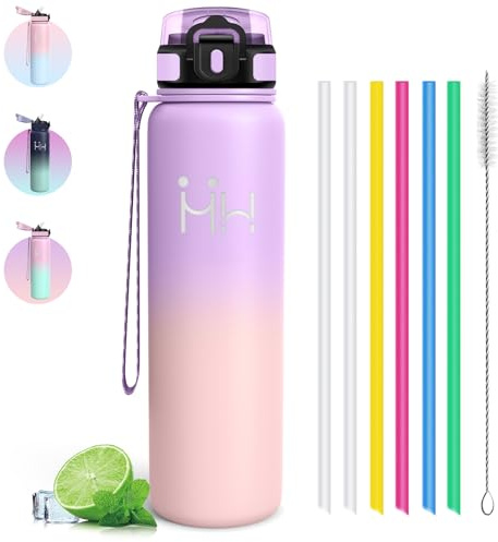 Thermosflasche 1l - Trinkflasche Edelstahl - Metall Trinkflasche - 100% Auslaufsichere - Thermosflasche mit 1-Klick-Öffnung - Leicht zu Reinigen - Strohhalmflasche für Sport, Travel, Schule, Outdoor