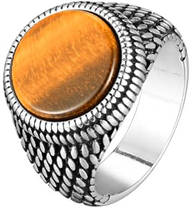 IMINI Vintage Stein Siegelring für Männer Frauen Antik Silber Edelstahl Statement - Daumen Knöchel Band Comfort Fit Retro Biker Schmuck Schwarz Achat Tigerauge Türkis Geschenk