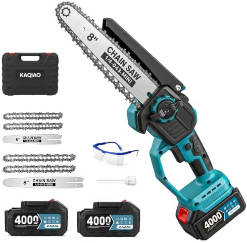 Mini Kettensäge mit Akku2 Akku 4000mAh, Akku kettensäge 6 Zoll Bürstenlose, Astsäge Akku mit Automatischer Öler, Handkettensäge Akku Säge Kompatibel (6&8 Zoll Kettensäge mit 2Akku 4000mAh)