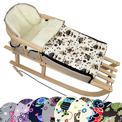 BAMBINIWELT Kombi-Angebot Holz-Schlitten mit Rückenlehne & Zugseil + universaler Winterfußsack (90cm), auch geeignet für Babyschale, Kinderwagen, Buggy, aus Wolle im Eulendesign (Eule §13)