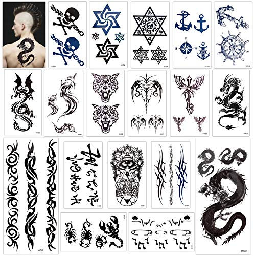 Tatouage temporaire pour adulte enfants femme homme (18 feuilles), Konsait Tatouages Temporaires bras poignet Tattoos éphémères Autocollants, Dragon ancre Tiger Scorpion Skull