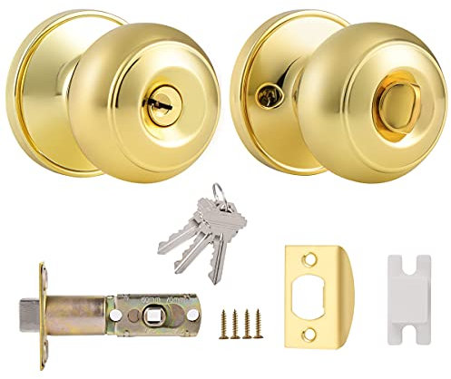 Probrico Polished Brass Door Knob with Lock and Key External Door Lock Keyed Entry Door Handle (Different Key) 1 Pack