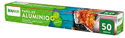 Bayeco - Papel Aluminio Extra Resistente - Conservación y envasado de alimentos - Estuche con sierra de corte - Extra resistente frente a roturas - Gran maleabilidad - Rollo 50 metros