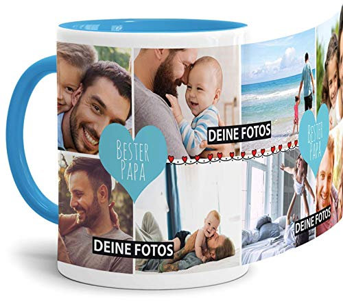 Tassendruck Fototasse mit Spruch - Bester Papa - zum SELBSTGESTALTEN mit Foto-Collage für 8 WUNSCHFOTOS - Bestes Fotogeschenk für Papa - Innen & Henkel Hellblau - Keramik - Tasse - Rund - 300 ml