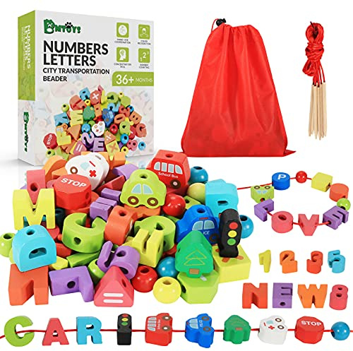 BMTOYS Wooden Lacing Toy Alphabet Number Threading Beads for Boys Girls Age 3 4 5 6 Montessori Educational Learning Birthday Gift