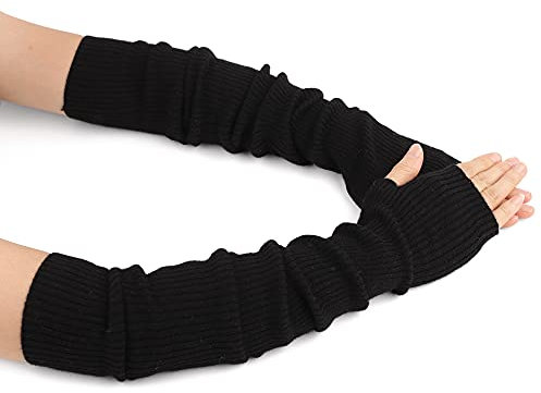 F Flammi Armwärmer aus Kaschmir-Mischgewebe, fingerlose Handschuhe, Strickhandschuhe, Handgelenkwärmer mit Daumenloch für Damen, Schwarz (60 cm), 38