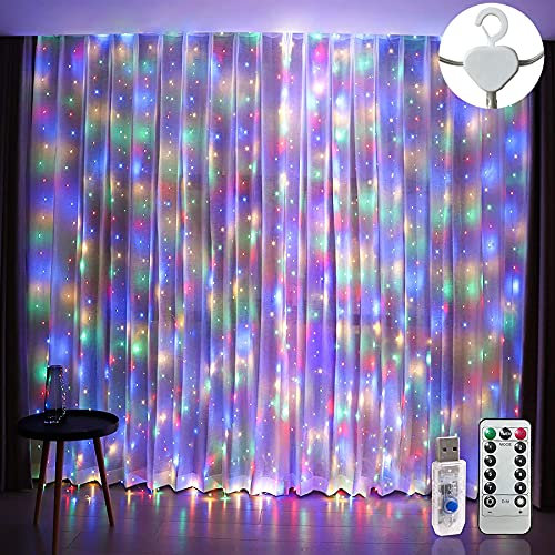 Augone Curtain Fairy Lights Waterproof,3m×3m 300LED String Lights for Bedroom with 8 Modes Remote Control Timer,USB Fairy Lights for Garden, Party, Wedding Decorations(Multi-Colored)