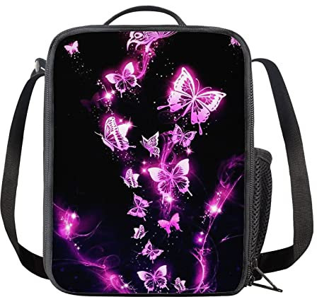 Kuiaobaty Thermal Lunch Bag for Girl Glowing Purple Butterfly Insulated Meal Bag for Women Food Carrier for Travel Camping