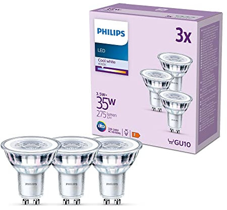 Philips Classic LED GU10 Lampe, 35W, klar, neutralweiß, nicht dimmbar, 3er Pack, Kaltweiß