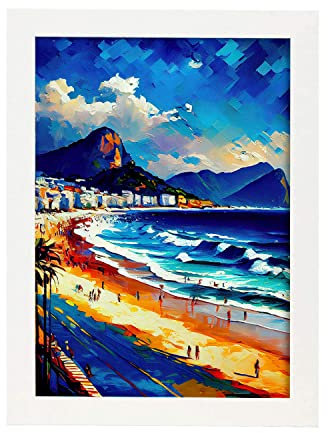Nacnic Poster Copacabana Strand im Ölgemälde Stil. Illustrationen von Denkmälern und Städten im fotografischen Vollfarbstil. Innenarchitektur und Dekoration. A3 mit weißen Rahmen.