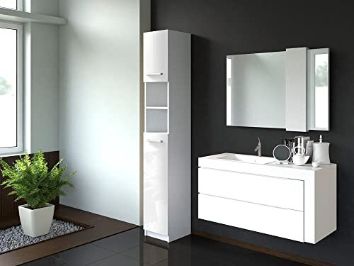OGGI Soria Marbela BadezimmerSchrankOrganizer BadezimmerKleideraufbewahrung sechs Regale 32x30x183cm extrem geräumiges Aufbewahrungsstück für Kleidung und Handtücher Glänzend Weiß