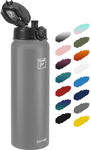 Fanhaw 1 L Insulated Stainless Steel Water Bottle with 1 Lid (Chug Lid) - For Kids, Women, Men | Leak & Sweat Proof with Anti-Dust Lid (Gray)