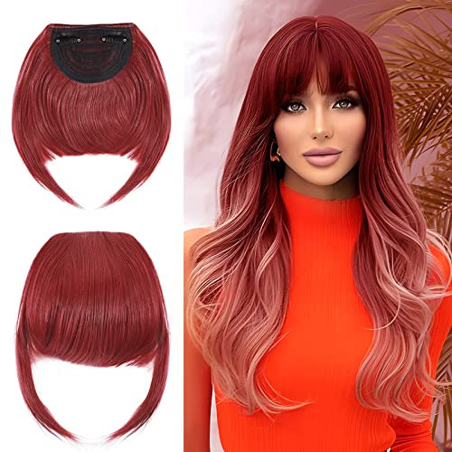 Elailite Pony Haarteil Echthaar Clip in Bangs One Piece Extensions Fringe natürlich Verlängerung 2 Clips # Dunkelrot