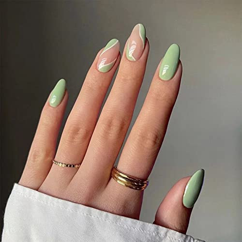 24 Pcs False Nails - Almond Medium Long French Press on Nails - Green Wave Design Fake Nails with Manicure Tool Kit - Stick on Nails for Women