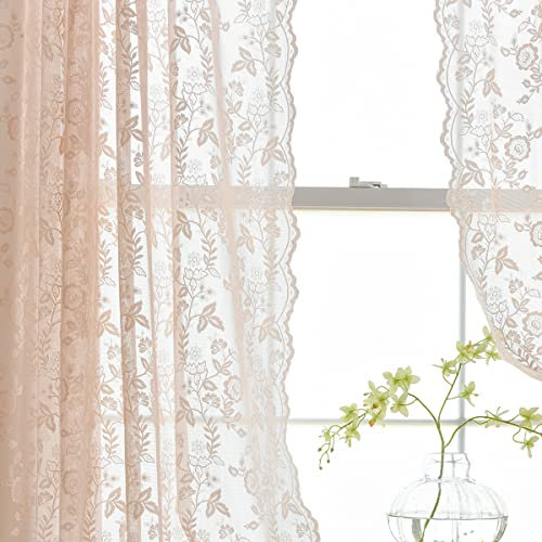 FINECITY Lot de 2 rideaux d’intimité en dentelle transparente et à bord festonné pour chambre de fille, motif floral, style romantique, 132,1 x 160 cm, rose poudré