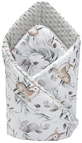 Medi Partners Einschlagdecke Steckkissen Minky 100% Baumwolle 75x75 cm Schlafsack doppelseitiges weich ganzjährig multifunktional antiallergisch Babys (Hirsch in Blättern mit grauem Minky)